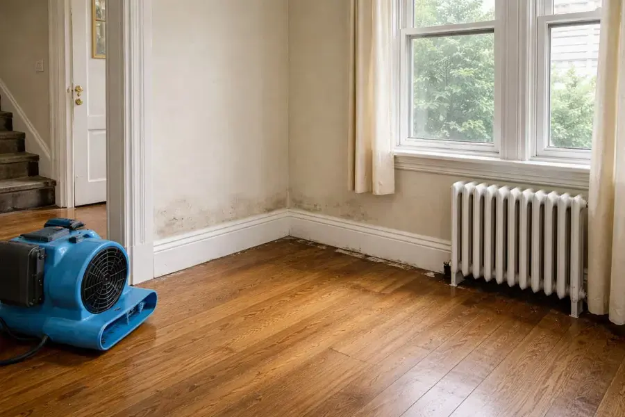 Air mover drying a hardwood floor beside a cast-iron radiator in an older Cambridge home